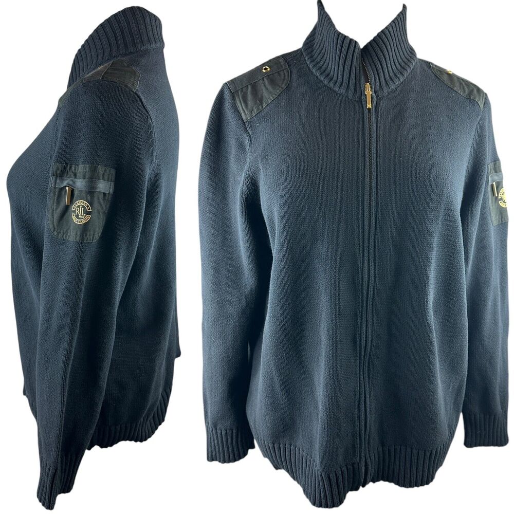 Ralph Lauren Full Zip Ribbed Knit Cardigan Sweater Pocket Arm Patch Plus Size 2X - Picture 3 of 13